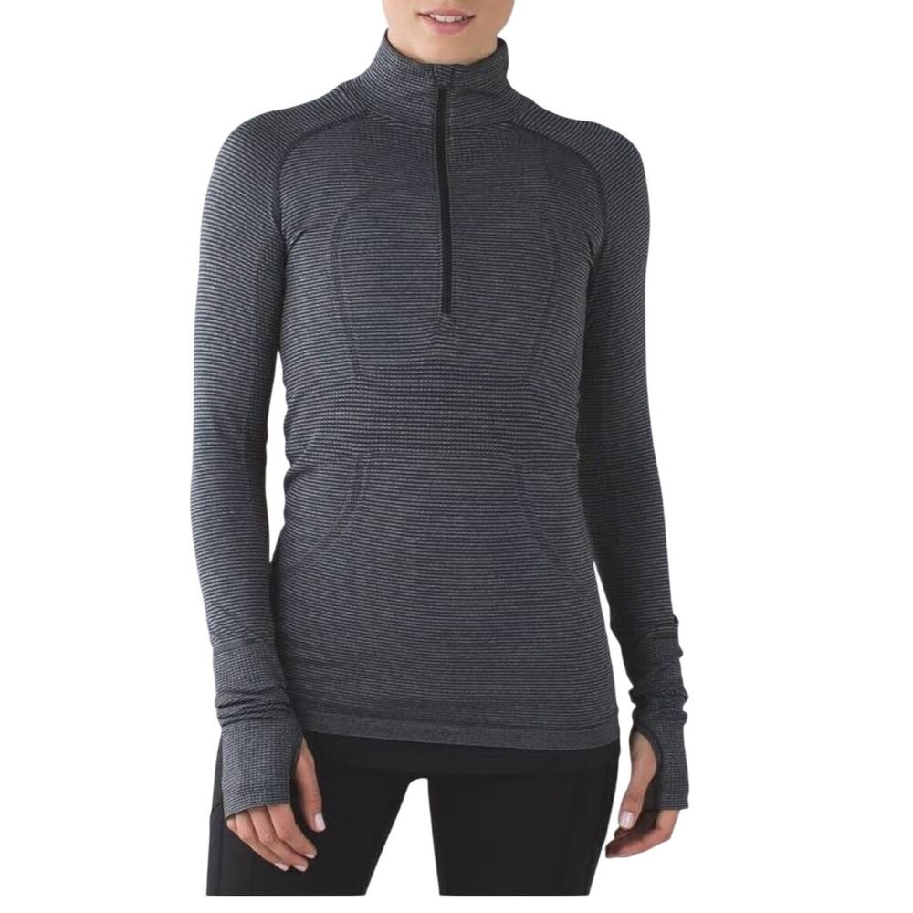 Lululemon Swiftly Mock Neck 1/2 Zip Long Sleeve 6 Black Grey Stripe Run Gym